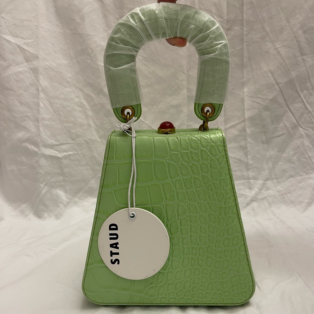 STAUD Kenny Croc-Embossed Leather Top Handle Bag in Pistachio